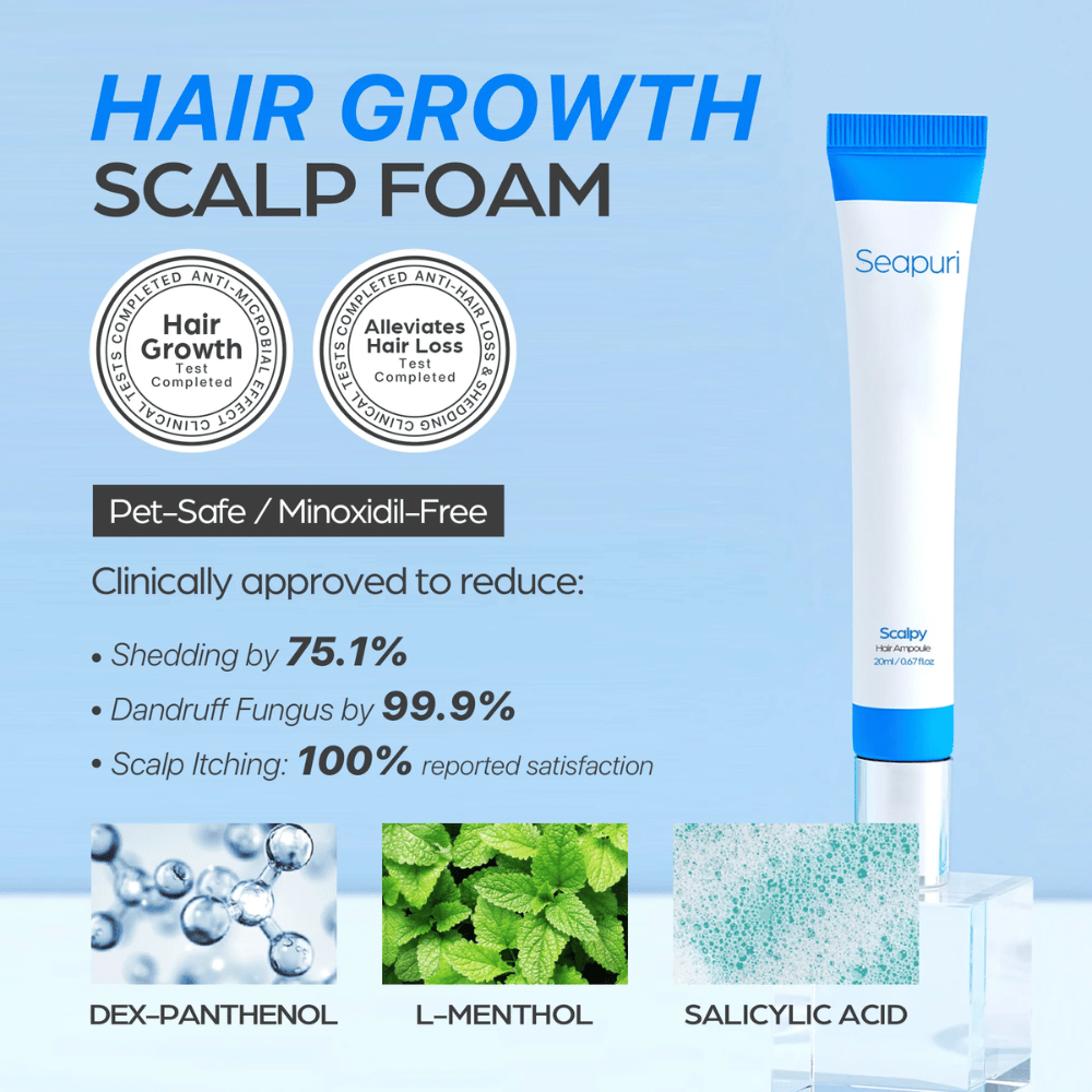 Seapuri Scalpy Hair Serum εμφανίζεται με κείμενο που τονίζει την κλινικά αποδεδειγμένη αποτελεσματικότητα: μειωμένη τριχόπτωση και πιτυρίδα, αυξημένη ανάπτυξη μαλλιών και καταπραϋντικό τριχωτό της κεφαλής.