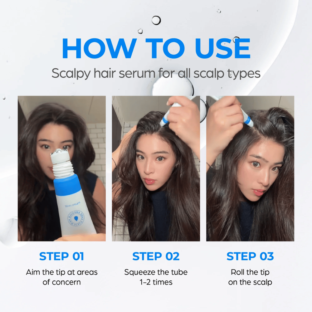 Μια γυναίκα εφαρμόζει το Seapuri Scalpy Hair Serum στο τριχωτό της κεφαλής. Ένας οδηγός βήμα προς βήμα δείχνει πώς να κατευθύνετε, να πιέζετε και να κυλάτε το απλικατέρ για καλύτερα αποτελέσματα.