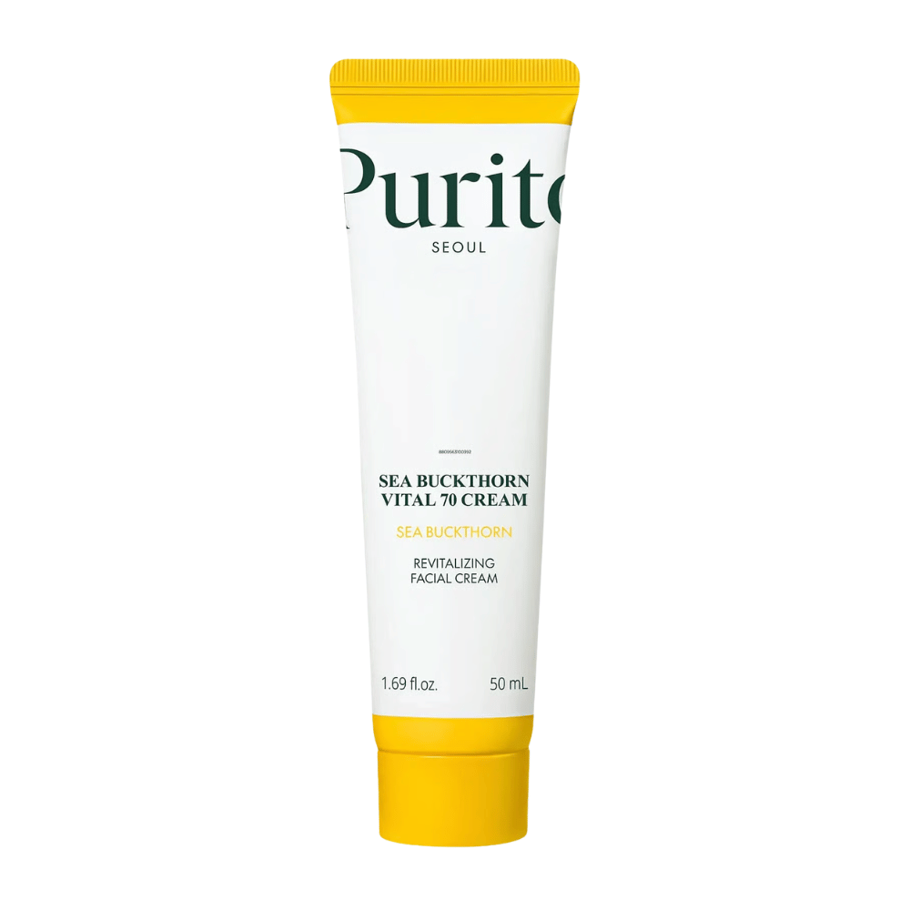 2. Purito SEOUL Sea Buckthorn Vital 70 Cream 50 ml – ενυδατική κρέμα προσώπου με 70 % εκχύλισμα ιπποφαούς σε λευκό σωληνάριο με κίτρινο καπάκι σε λευκό φόντο