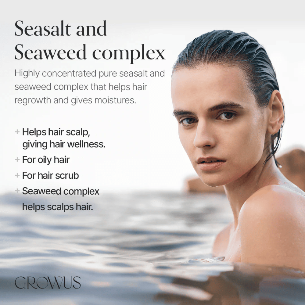 GROWUS Sea Salt Therapy Shampoo με σύμπλεγμα φυκιών που καταπραΰνει το τριχωτό της κεφαλής και είναι κατάλληλο για λιπαρά μαλλιά