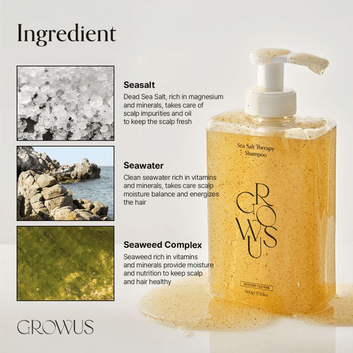 Συστατικά στο GROWUS Sea Salt Therapy Shampoo με θαλασσινό αλάτι, θαλασσινό νερό και σύμπλεγμα φυκιών για το τριχωτό της κεφαλής