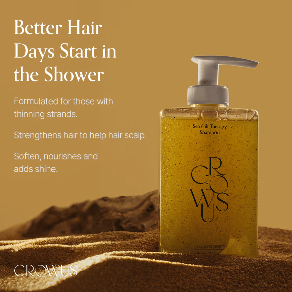 GROWUS Sea Salt Therapy Shampoo που ενισχύει τα λεπτά μαλλιά, δίνει λάμψη και φροντίζει το τριχωτό της κεφαλής με θαλασσινό αλάτι