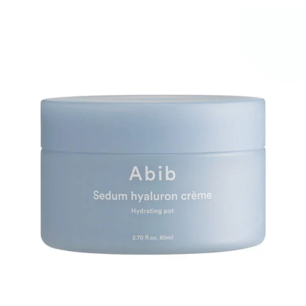 Abib Sedum Hyaluron Crème Hydrating Pot 80 ml σε ένα κομψό, ανοιχτό μπλε στρογγυλό δοχείο με λευκό κείμενο.