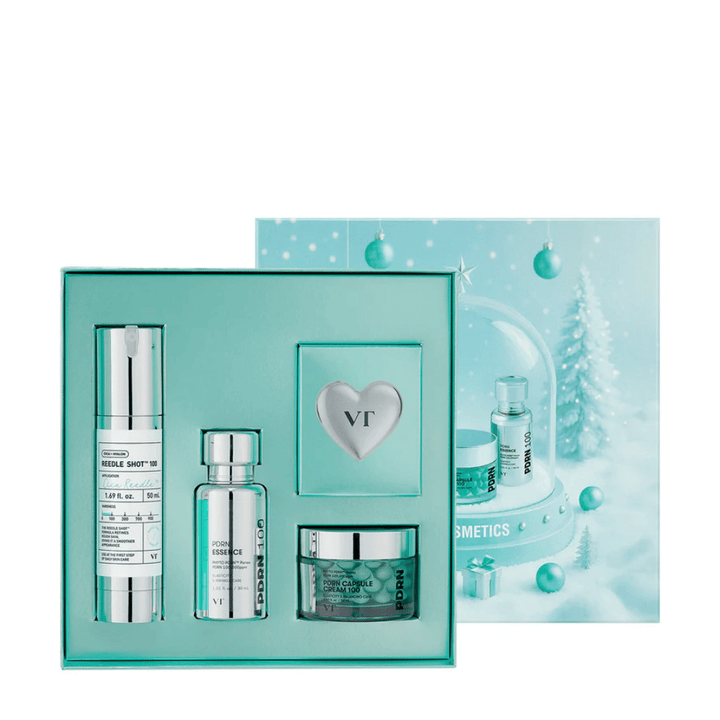 VT Cosmetics Shining Holiday Set – κομψό κουτί δώρου με Reedle Shot 100, PDRN Essence, PDRN Κρέμα Κάψουλας και μπρελόκ.