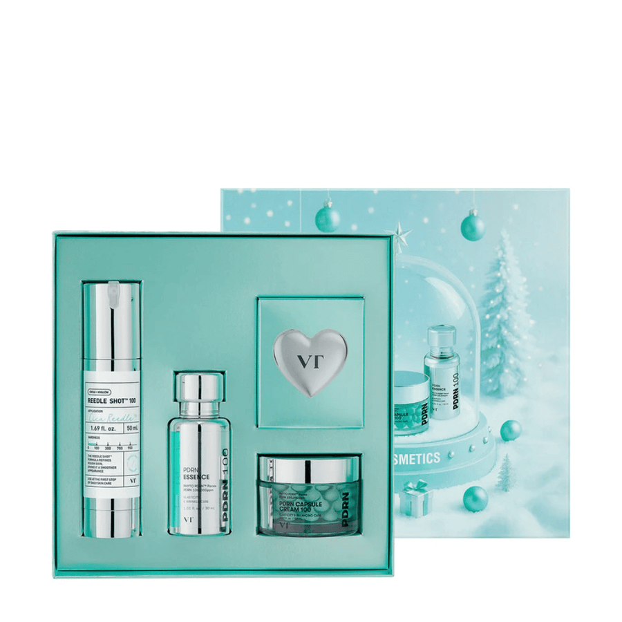VT Cosmetics Shining Holiday Set – κομψό κουτί δώρου με Reedle Shot 100, PDRN Essence, PDRN Κρέμα Κάψουλας και μπρελόκ.