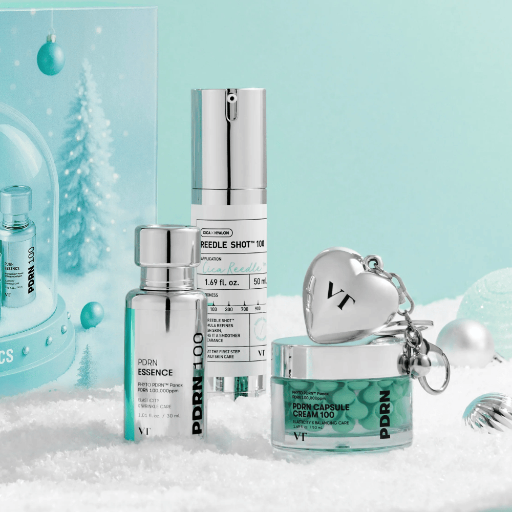 VT Cosmetics Shining Holiday Set – πολυτελές σετ περιποίησης δέρματος με PDRN Essence, Reedle Shot 100 και PDRN Κρέμα Κάψουλας σε χειμερινό σχέδιο.