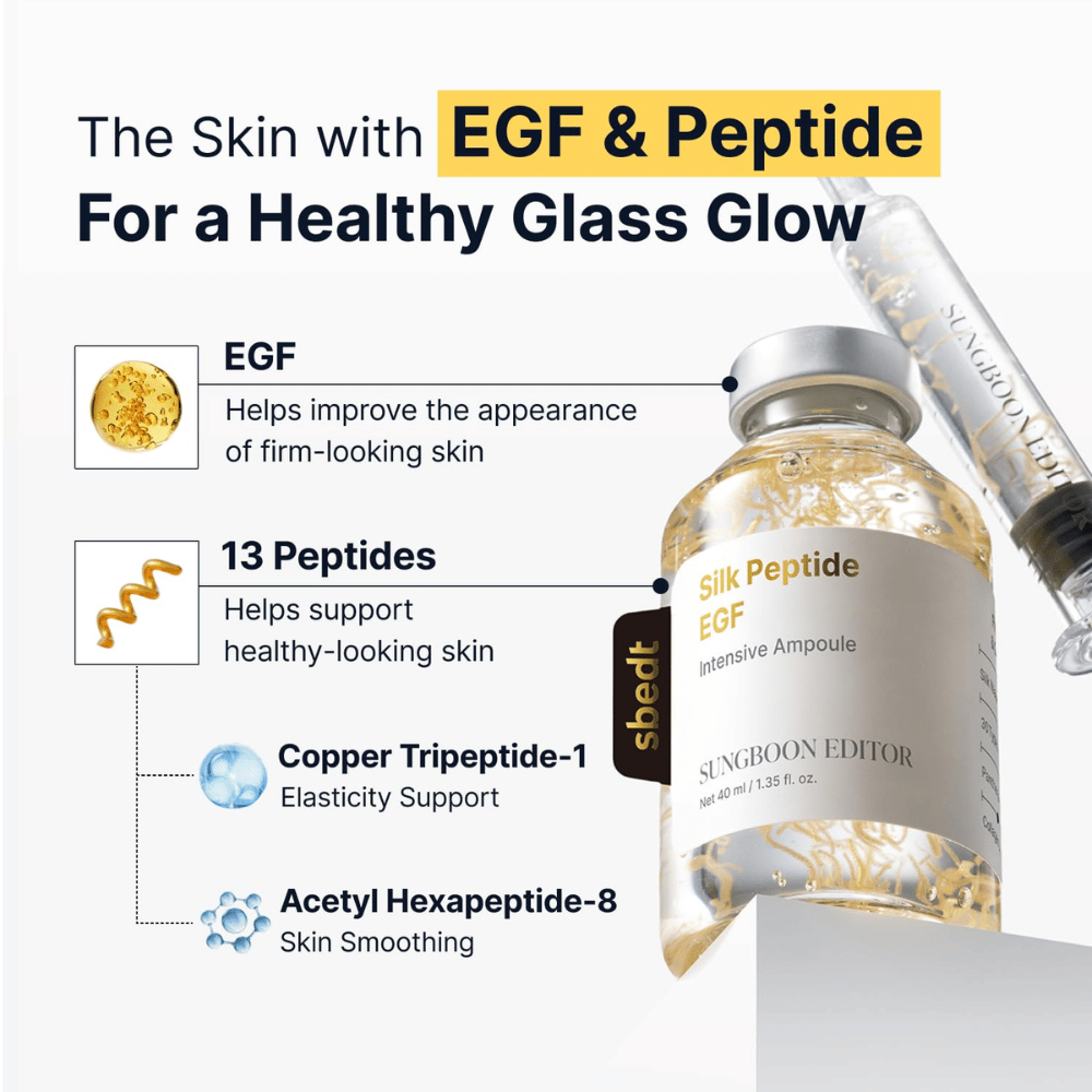 Silk Peptide EGF Intensive Ampoule περιέχει EGF, 13 πεπτίδια καθώς και copper tripeptide-1 και acetylhexapeptide-8 που μαζί βοηθούν στην υποστήριξη της ελαστικότητας της επιδερμίδας, στη βελτίωση της όψης της και στην παροχή μιας φυσικής λάμψης.