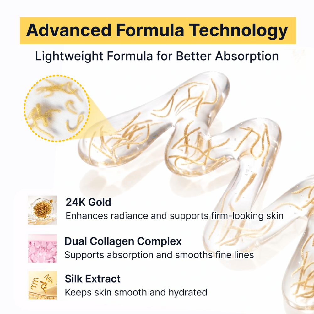 Silk Peptide EGF Intensive Ampoule συνδυάζει χρυσό 24Κ, εκχύλισμα μεταξιού και ένα σύμπλεγμα διπλού κολλαγόνου για να προσφέρει στην επιδερμίδα λάμψη, ενυδάτωση και αίσθηση μεγαλύτερης σφριγηλότητας, ενώ η ελαφριά σύνθεση απορροφάται γρήγορα.
