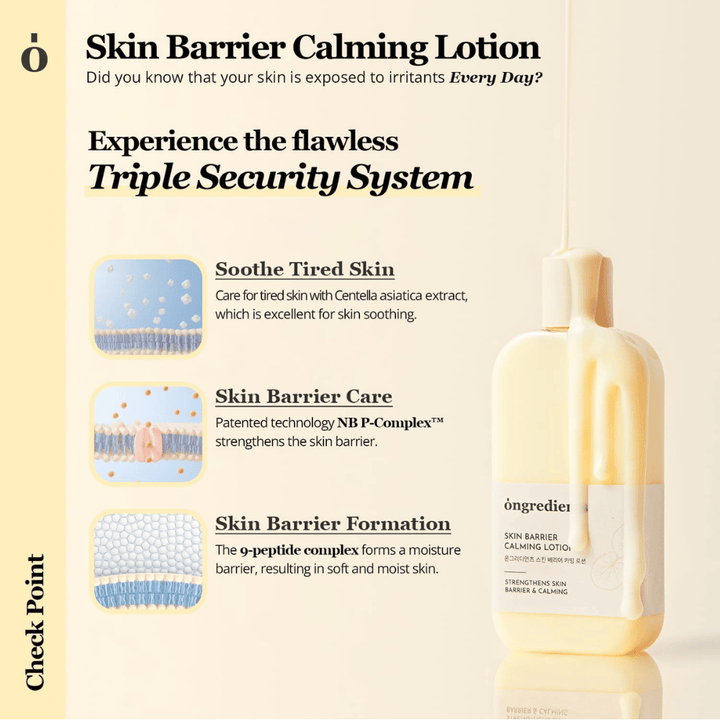 Ongredients Skin Barrier Calming Lotion με Centella Asiatica και πεπτίδια που καταπραΰνουν το δέρμα, ενισχύουν τον δερματικό φραγμό και προσφέρουν μακράς διάρκειας ενυδάτωση.