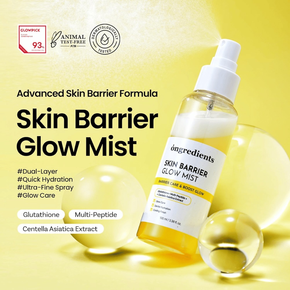 Ongredients Skin Barrier Glow Mist σπρέι προσώπου 100 ml με κεραμίδια, πεπτίδια και Centella Asiatica για ενυδάτωση και ενίσχυση του δερματικού φραγμού.