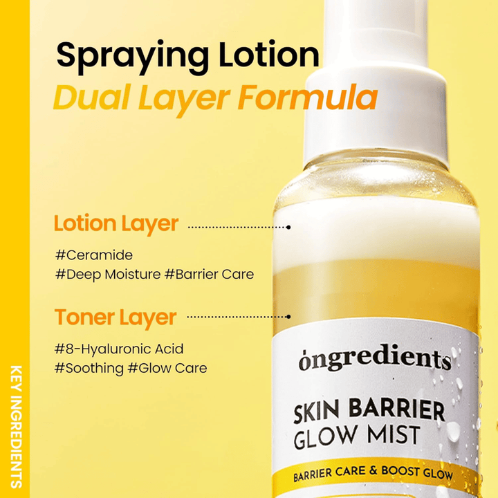 Ongredients Skin Barrier Glow Mist σπρέι προσώπου διπλής στρώσης με υαλουρονικό οξύ και κεραμίδια που προσφέρει βαθιά ενυδάτωση και προστατεύει τον δερματικό φραγμό.