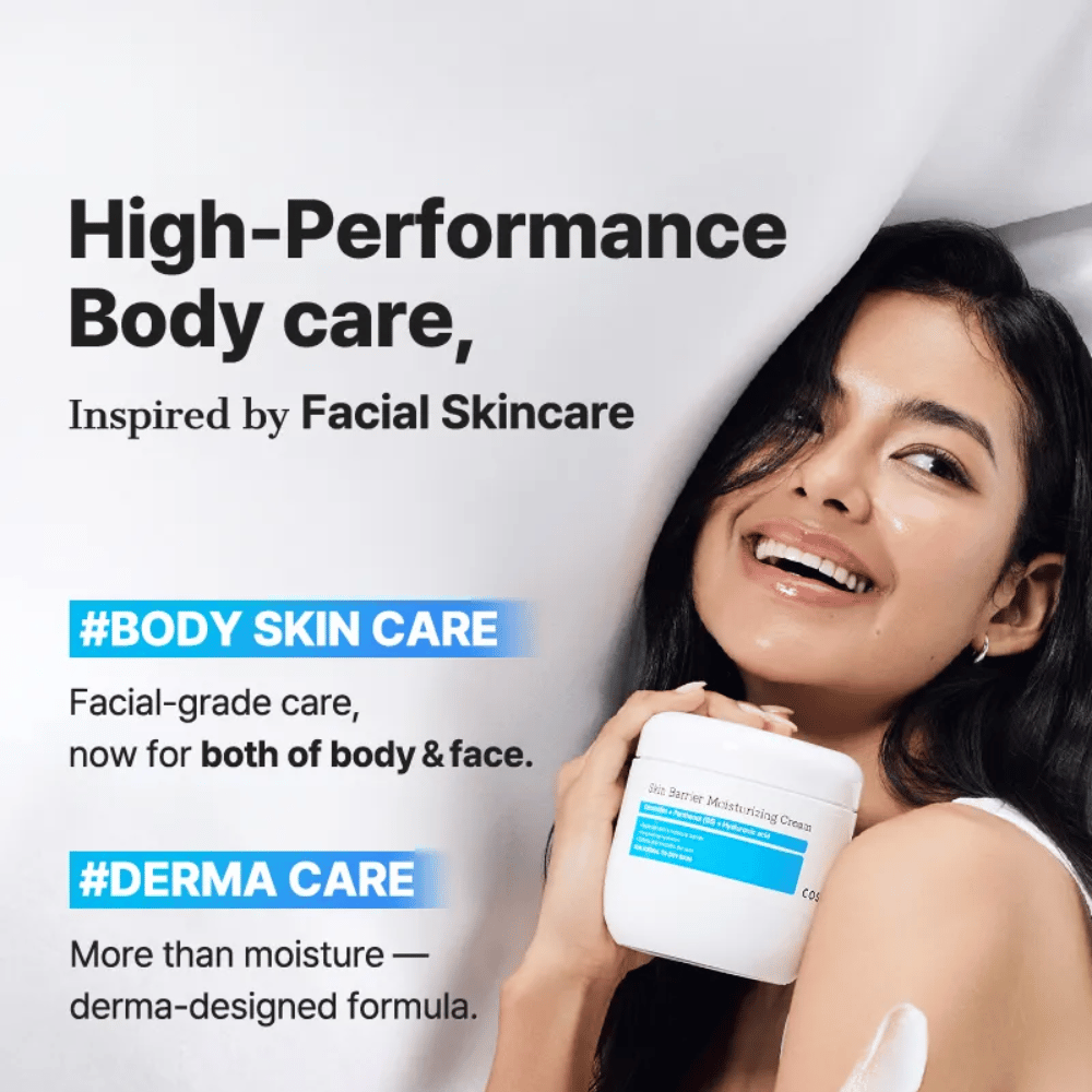 Γυναίκα με COSRX Skin Barrier Cream – ισχυρή περιποίηση σώματος με ποιότητα περιποίησης προσώπου και δερματολογική φόρμουλα.