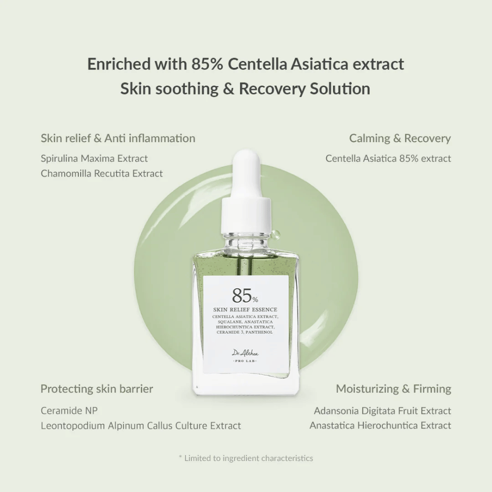 Dr. Althea Skin Relief Essence είναι εμπλουτισμένο με 85% εκχύλισμα Centella Asiatica και προσφέρει καταπραϋντική και επανορθωτική φροντίδα. Περιέχει αντιφλεγμονώδη συστατικά όπως σπιρουλίνα και χαμομήλι, κεραμίδια για την ενίσχυση του φραγμού του δέρματος καθώς και ενυδατικά εκχυλίσματα από μπαομπάμπ και αναστάτικα. Ιδανικό για ευαίσθητο, κόκκινο και στρεσαρισμένο δέρμα.
