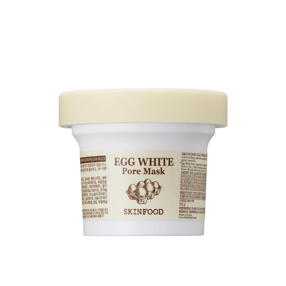 EN SKINFOOD Egg White Pore Mask 120g σε λευκό φόντο, σχεδιασμένο για καθαρισμό πόρων και βελτίωση της επιδερμίδας.