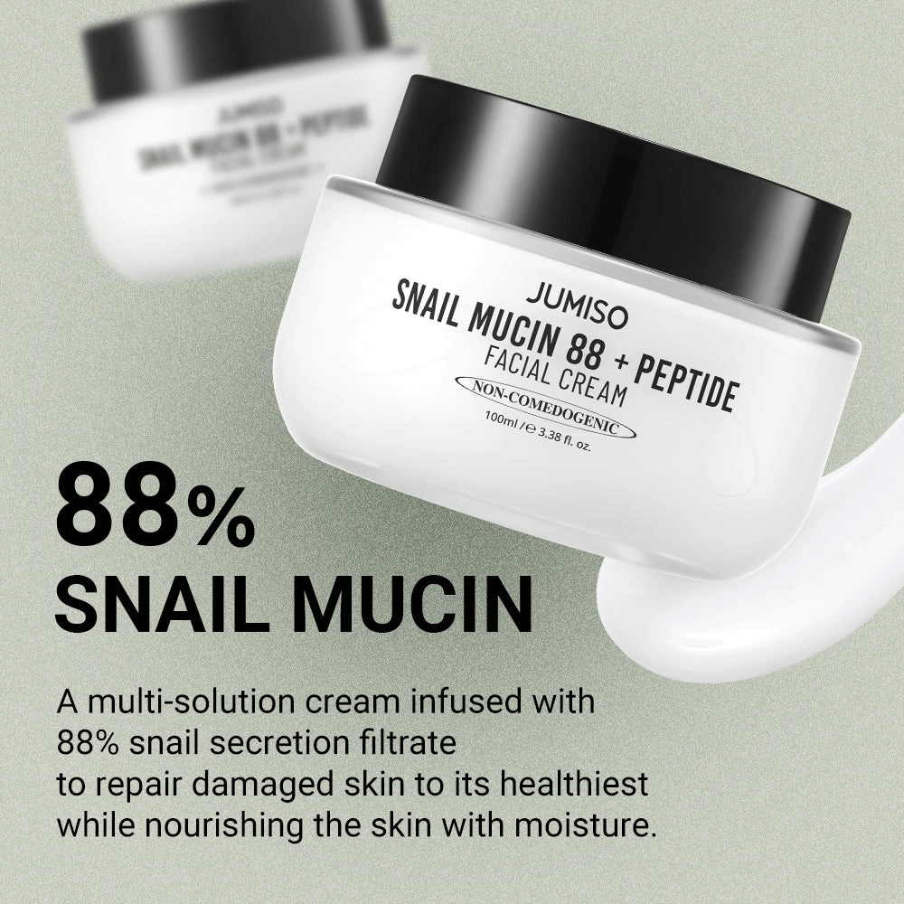 JUMISO Snail Mucin 88 + Peptide Facial Cream με 88% διήθημα εκκρίματος σαλιγκαριού, σχεδιασμένη για να επανορθώνει το κατεστραμμένο δέρμα και να ενυδατώνει σε βάθος. Το κείμενο στην εικόνα περιγράφει τις αναπλαστικές και ενυδατικές του ιδιότητες.