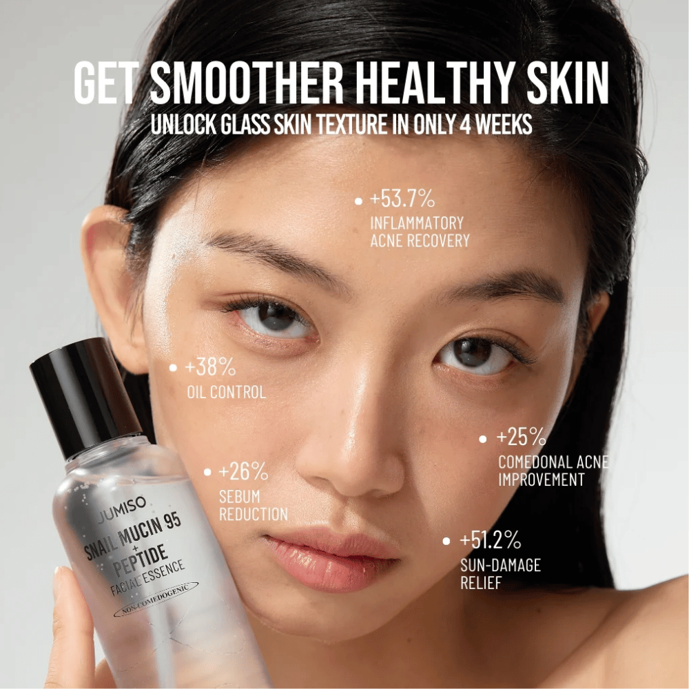 Γυναίκα με ομοιόμορφο τόνο δέρματος κρατάει το Jumiso Snail Mucin 95 + Peptide Facial Essence. Το κείμενο δείχνει βελτιώσεις όπως μείωση της ακμής, λιγότερο λάδι και αυξημένη ανάκαμψη του δέρματος.