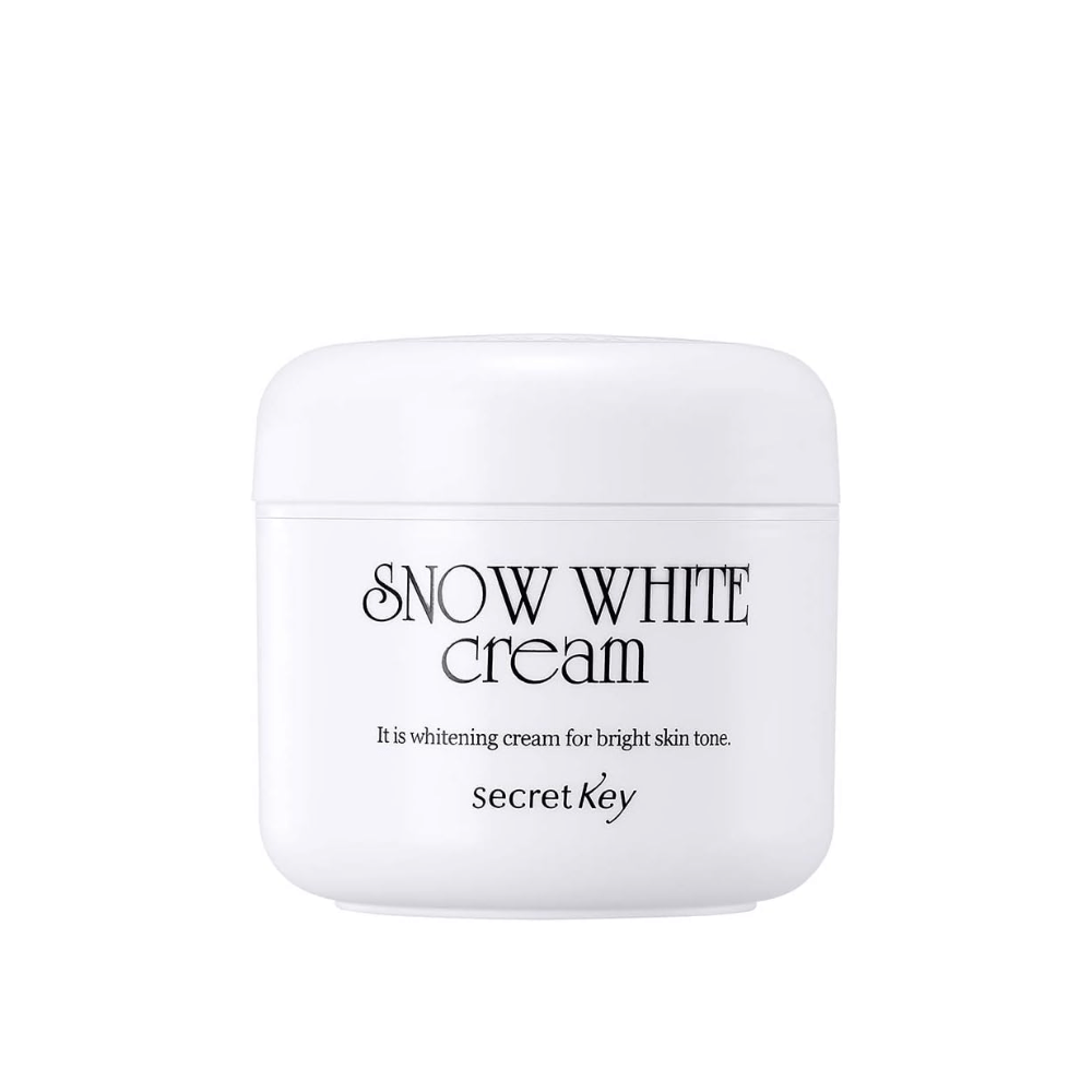 Εικόνα προϊόντος του Secret Key Snow White Cream σε λευκό δοχείο με μαύρο κείμενο σε λευκό φόντο.