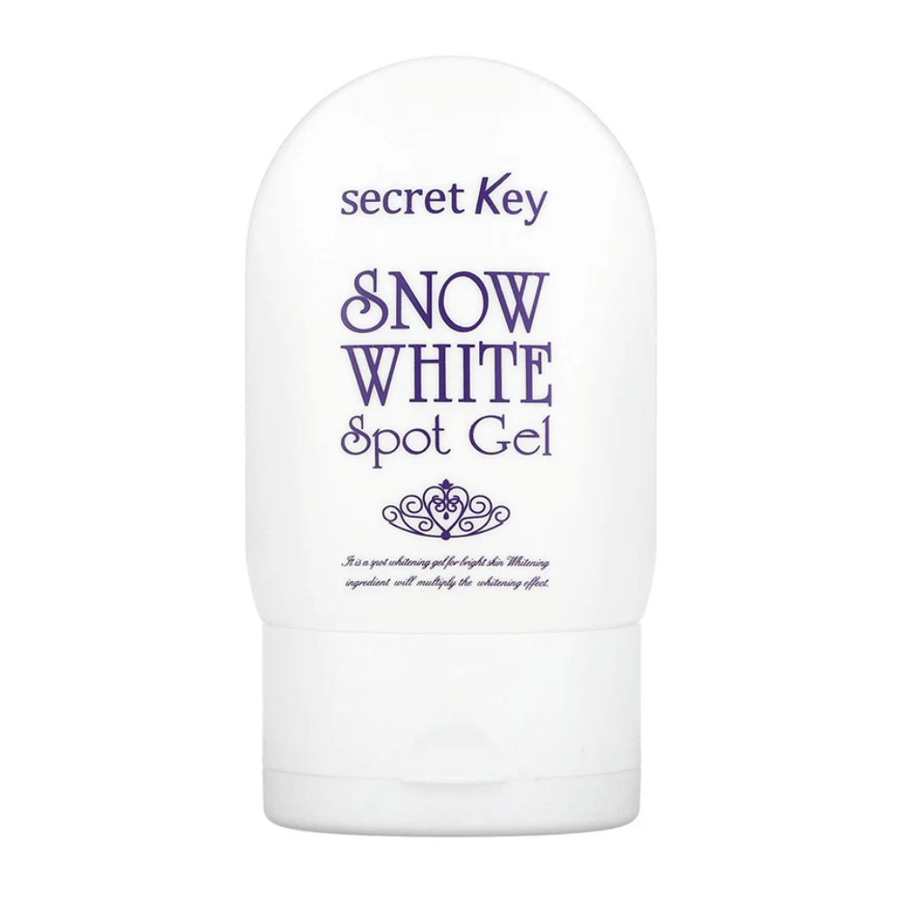 Εικόνα προϊόντος στο Secret Key Snow White Spot Gel σε λευκή συσκευασία με μοβ κείμενο.