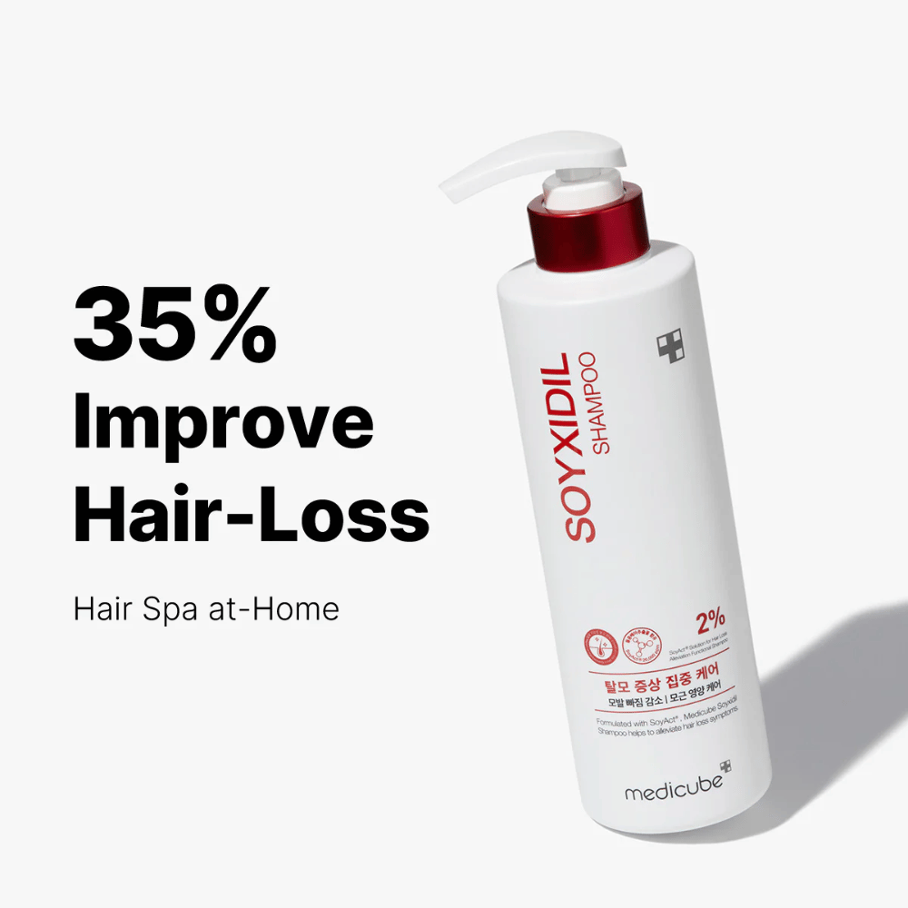 Medicube Soyxidil Shampoo εμφανίζεται με κείμενο: «35% Improve Hair-Loss – Hair Spa at-Home». Σαμπουάν για απώλεια μαλλιών και υγιές τριχωτό της κεφαλής.