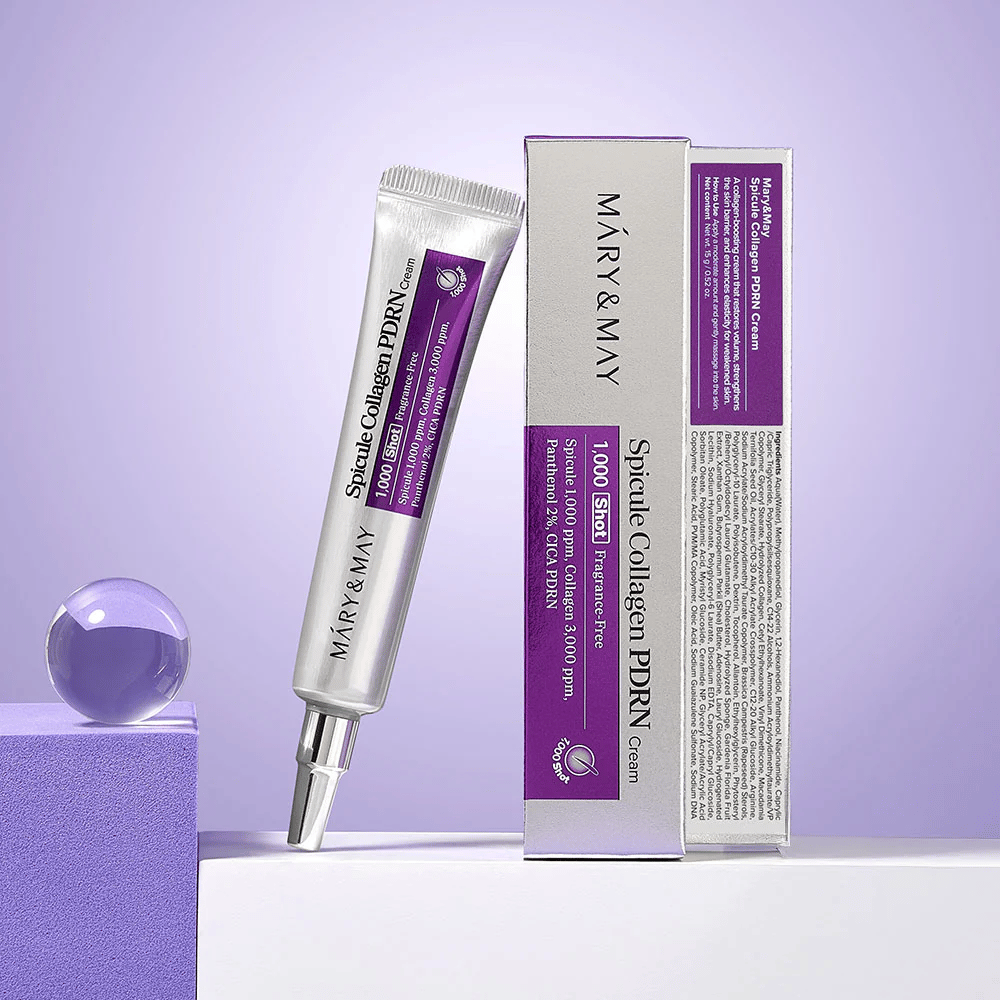 Mary & May Spicule Collagen PDRN Cream δίπλα στην αρχική συσκευασία, αναγεννητική κρέμα προσώπου με κολλαγόνο, PDRN και ακίδα.