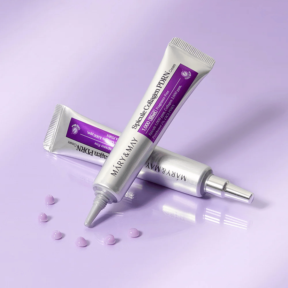 Mary & May Spicule Collagen PDRN Cream σε πολλαπλά σωληνάρια με μοβ υπόβαθρο, εντατική αναδομητική κρέμα προσώπου με τεχνολογία ακίδας και κολλαγόνου.