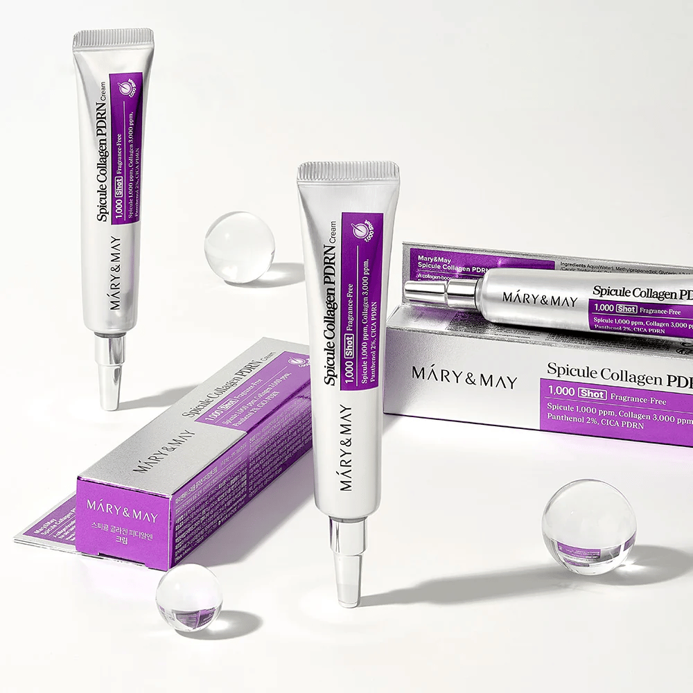Mary & May Spicule Collagen PDRN Cream σε σωληνάριο με συσκευασία, κορεατική περιποίηση δέρματος με ακίδα, κολλαγόνο και PDRN για ανανέωση δέρματος και βελτιωμένη ελαστικότητα.