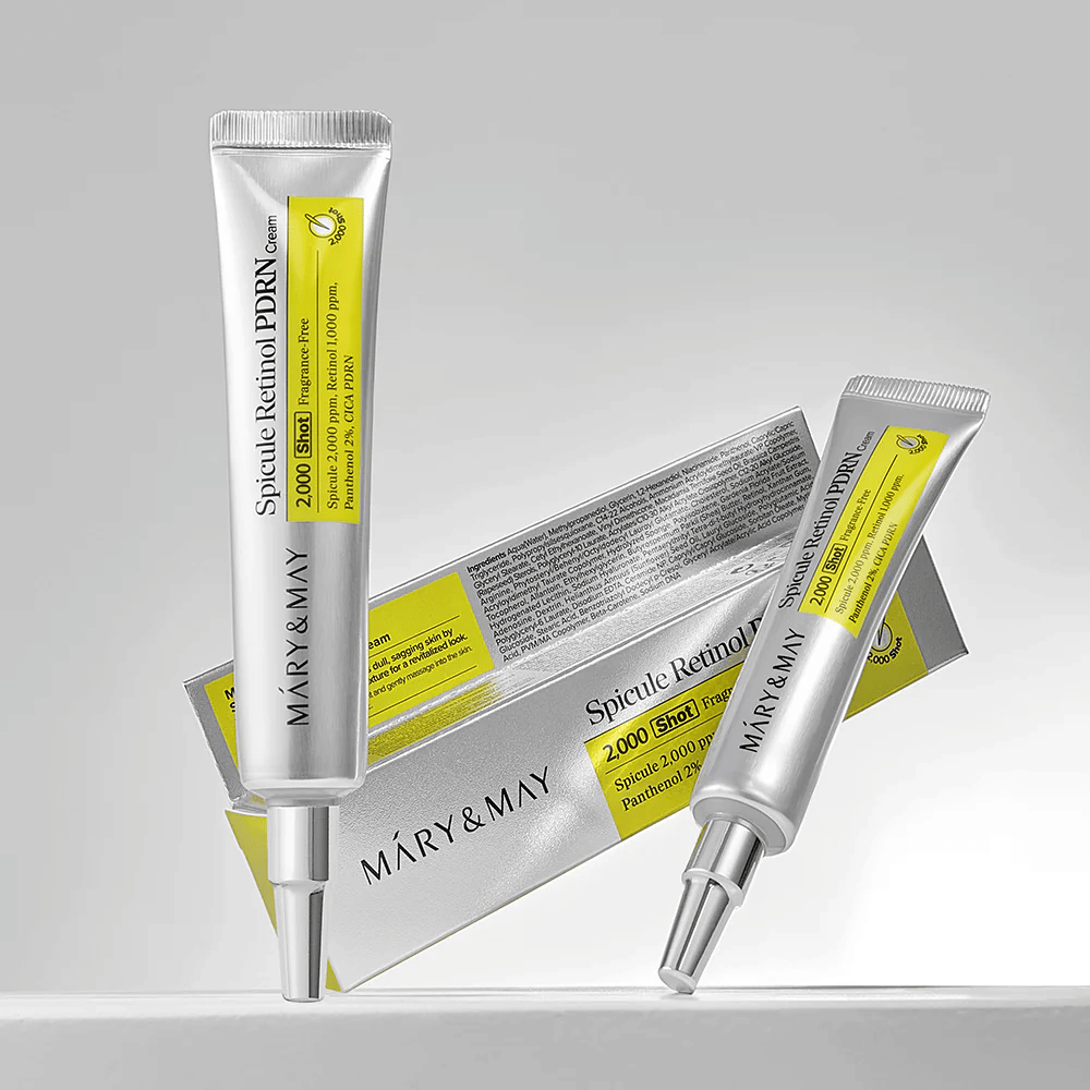 MARY & MAY Spicule Retinol PDRN Cream σε σωληνάριο μαζί με την αρχική συσκευασία, μια κορεάτικη κρέμα προσώπου με ρετινόλη και PDRN που υποστηρίζει την αναγέννηση του δέρματος.