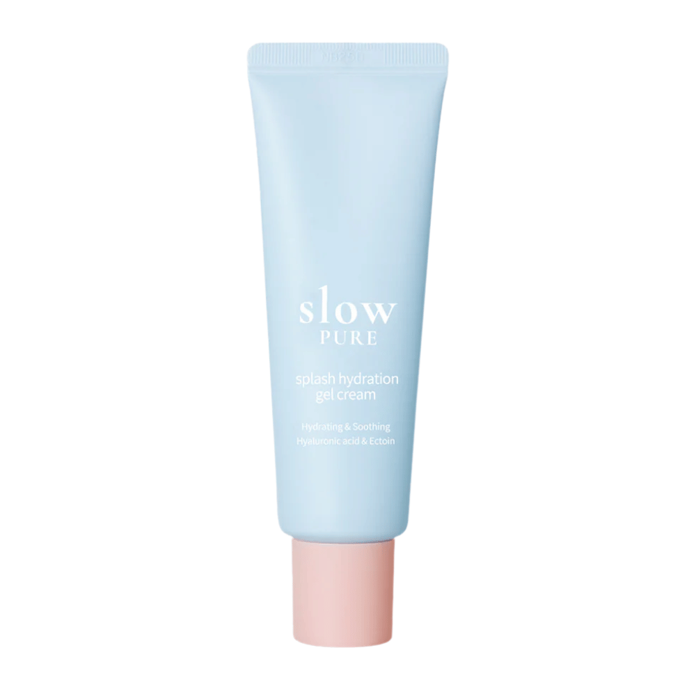 Slow Pure Splash Hydration Gel Cream σε μπλε σωλήνα με ροζ καπάκι, ενυδατική κρέμα-τζελ με υαλουρονικό οξύ και εκτοΐνη.