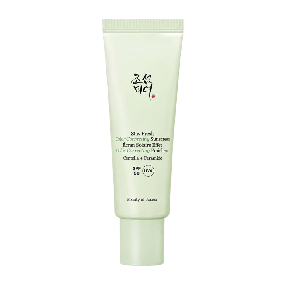 5. Beauty of Joseon Stay Fresh Color Correcting Sunscreen SPF 50 – πράσινο αντηλιακό διόρθωσης χρώματος σε λευκό φόντο
