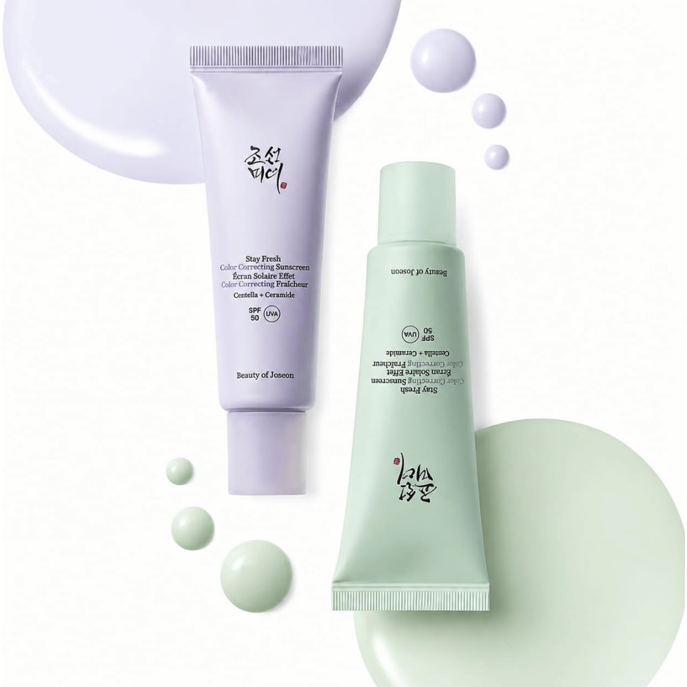 3. Beauty of Joseon Stay Fresh Color Correcting Sunscreen SPF 50 – πράσινο και μωβ αντηλιακό με δείγματα χρώματος