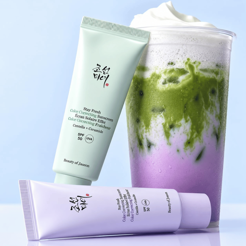 1. Beauty of Joseon Stay Fresh Color Correcting Sunscreen SPF 50 – πράσινο και μωβ αντηλιακό με ασορτί ρόφημα
