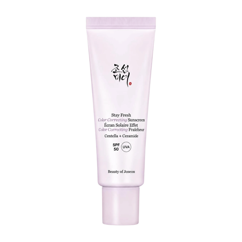 4. Beauty of Joseon Stay Fresh Color Correcting Sunscreen SPF 50 – μωβ αντηλιακό διόρθωσης χρώματος σε λευκό φόντο