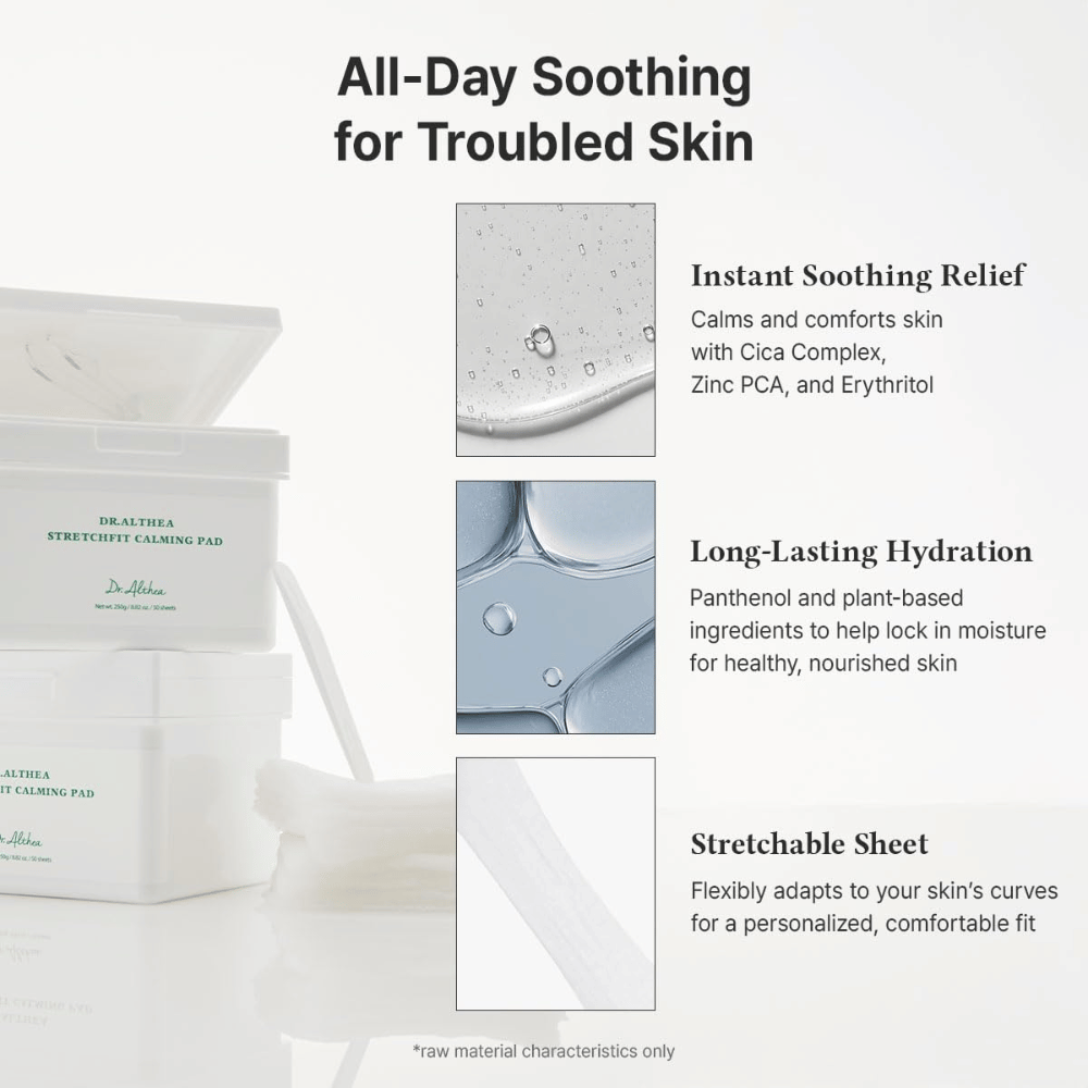 Εικόνα – αποτέλεσμα / οφέλη (μετατροπή)
Dr. Althea Stretchfit Calming Pad που προσφέρουν μακράς διάρκειας ενυδάτωση, μειώνουν τον ερεθισμό και δροσίζουν την ευαίσθητη επιδερμίδα όλη μέρα.