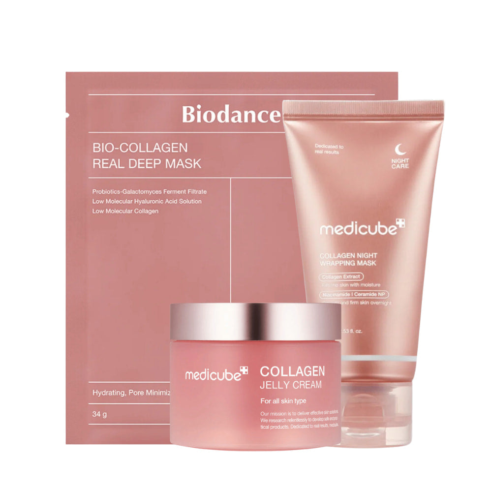 Το σετ προϊόντων "Sweet Dreams Skincare" από Medicube, σχεδιασμένο για να βελτιώνει τη σταθερότητα και τη λάμψη του δέρματος κατά τη διάρκεια της νύχτας. Περιλαμβάνει "Collagen Jelly Cream", "Collagen Night Wrapping Mask" και "Bio-Collagen Real Deep Mask". Αυτά τα προϊόντα είναι εμπλουτισμένα με κολλαγόνο, προβιοτικά και υαλουρονικό οξύ, και προορίζονται να ενυδατώνουν και να ελαχιστοποιούν τους πόρους, προσφέροντας ένα απαλό και ελαστικό δέρμα.