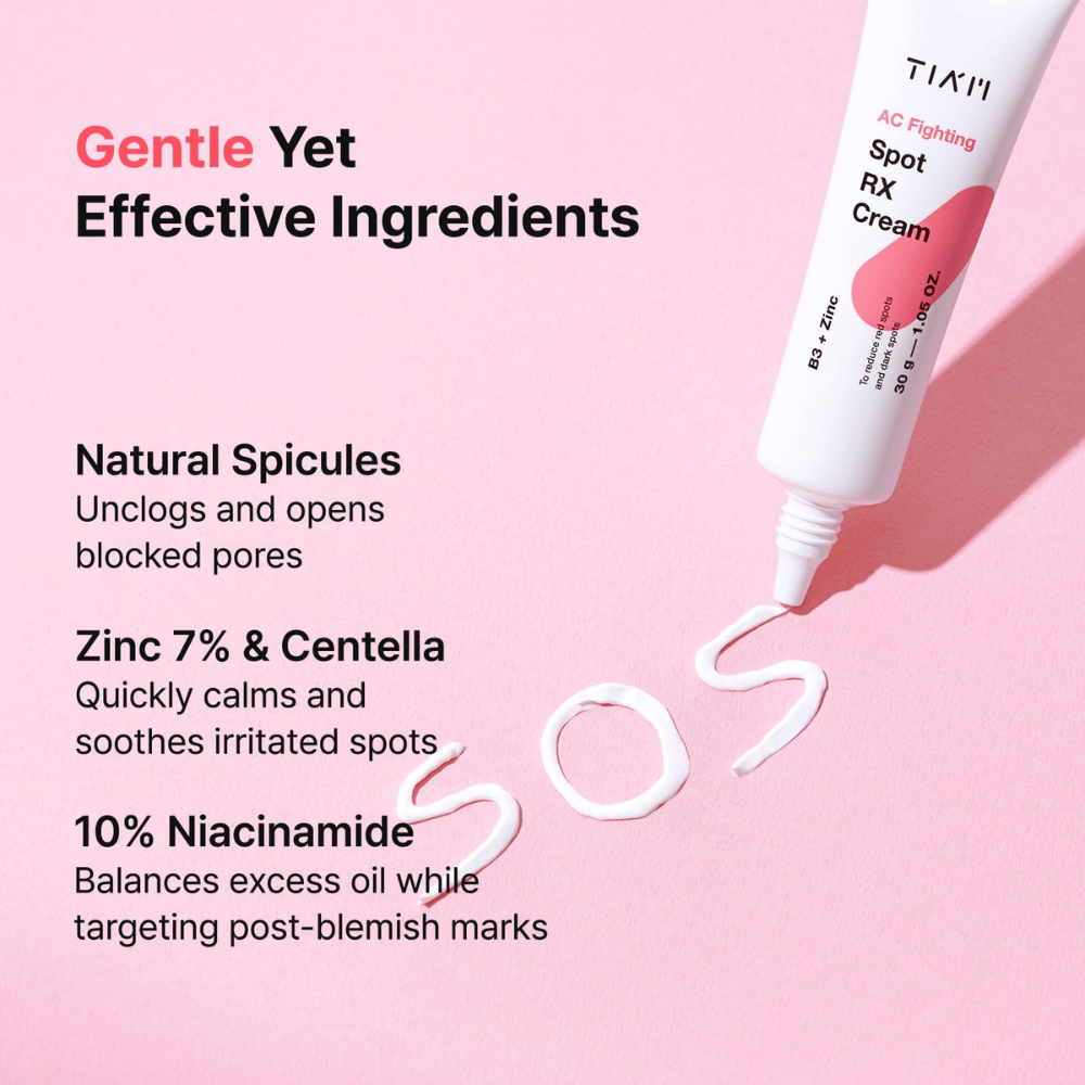 TIA'M AC Fighting Spot RX Cream με ψευδάργυρο, νιασιναμίδη και centella – καταπραΰνει, εξισορροπεί το σμήγμα και μειώνει τις κόκκινες κηλίδες.