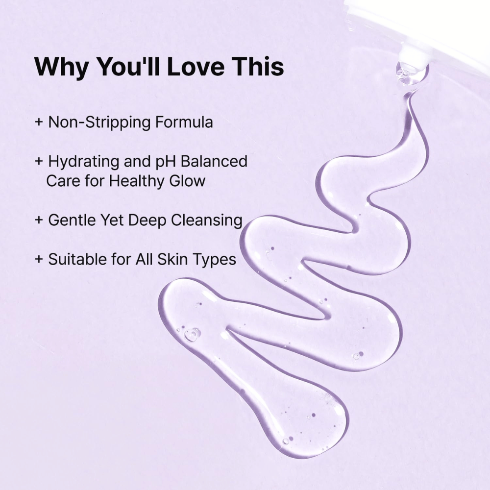 Διαφανής υφή γέλης του TIA'M Snail & Azulene Low pH Cleanser, με κείμενο που τονίζει τα ενυδατικά, ισορροπημένα σε pH και απαλό καθαριστικό οφέλη για όλους τους τύπους δέρματος.