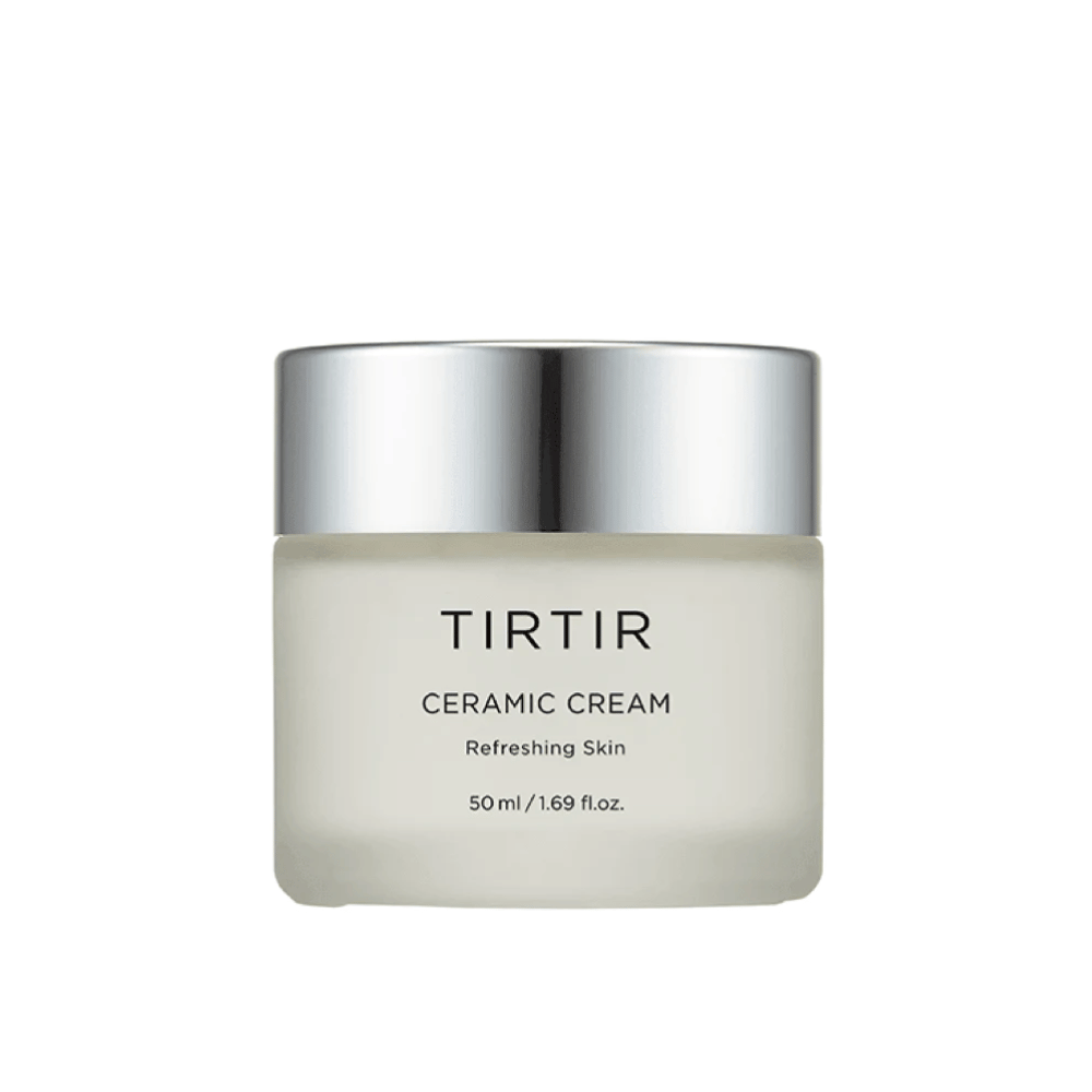 Ένα δοχείο από TIRTIR Ceramic Cream που προορίζεται για "Refreshing Skin", με όγκο 50 ml / 1.69 fl oz. Το δοχείο έχει βαθμονομημένο χρώμα από λευκό σε διαφανές και ένα ασημένιο καπάκι.