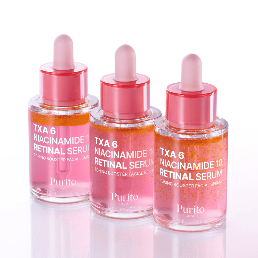 Τρία μπουκάλια του Purito TXA 6 Niacinamide 10 Retinal Serum. Ένας ορός προσώπου που δίνει λάμψη και ομοιομορφία με αντιγηραντική δράση.