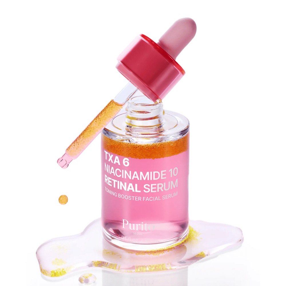 Purito TXA 6 Niacinamide 10 Retinal Serum – ροζ ορός ενίσχυσης τόνου με πιπέτα. Συνδυάζει TXA, νιασιναμίδη και ρετιναλ για ομοιόμορφο τόνο δέρματος.