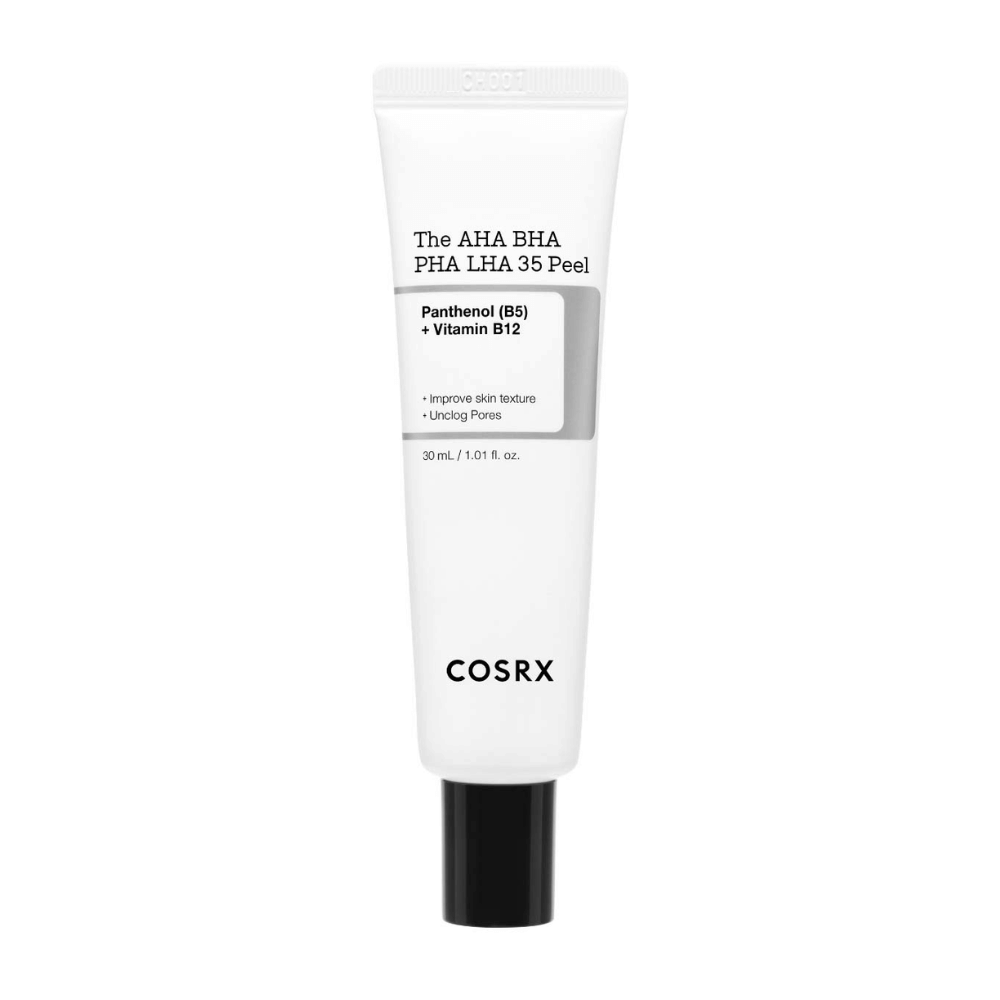 COSRX AHA BHA PHA LHA 35 Peel, ένα απολεπιστικό προϊόν με πανθενόλη (B5) και βιταμίνη B12. Βελτιώνει την υφή του δέρματος και καθαρίζει τους φραγμένους πόρους. Περιεχόμενο: 30 ml.