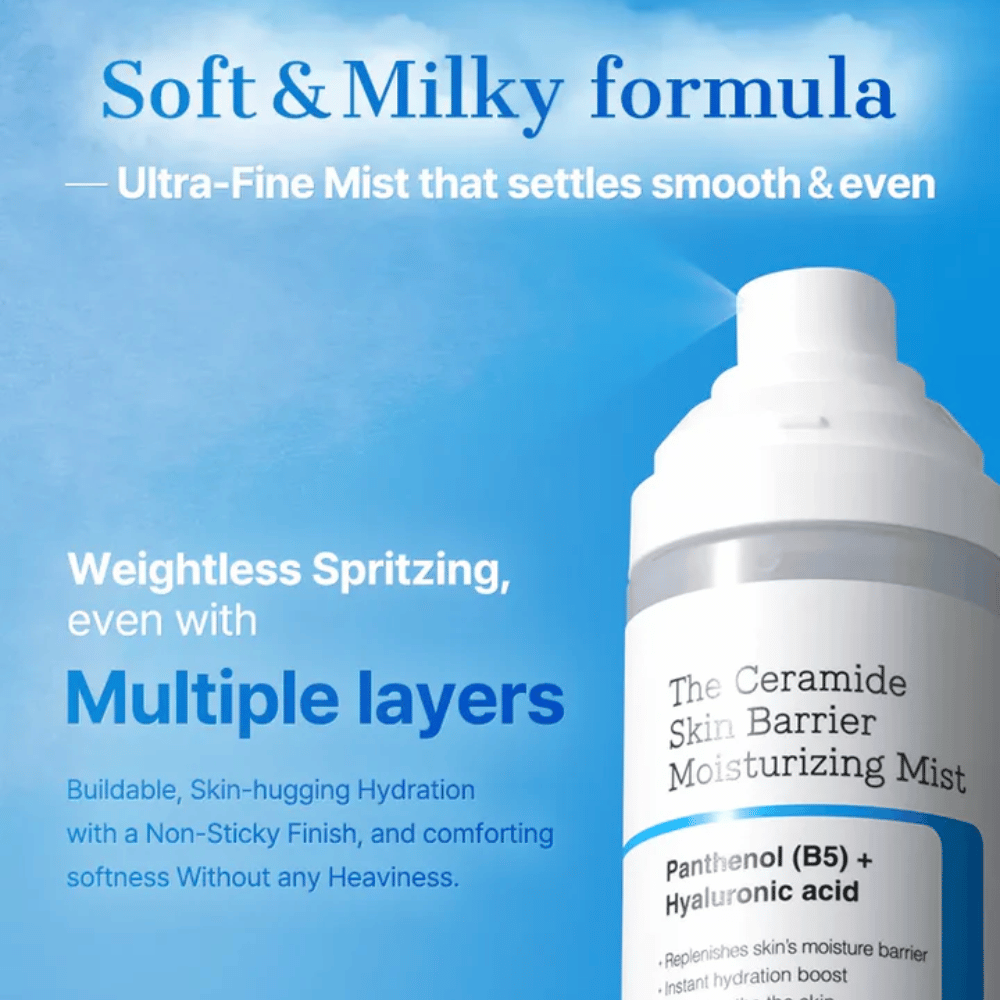 COSRX Ceramide Skin Barrier Mist – απαλή και γαλακτώδης φόρμουλα που προσφέρει ελαφριά ενυδάτωση χωρίς κολλώδες αποτέλεσμα.