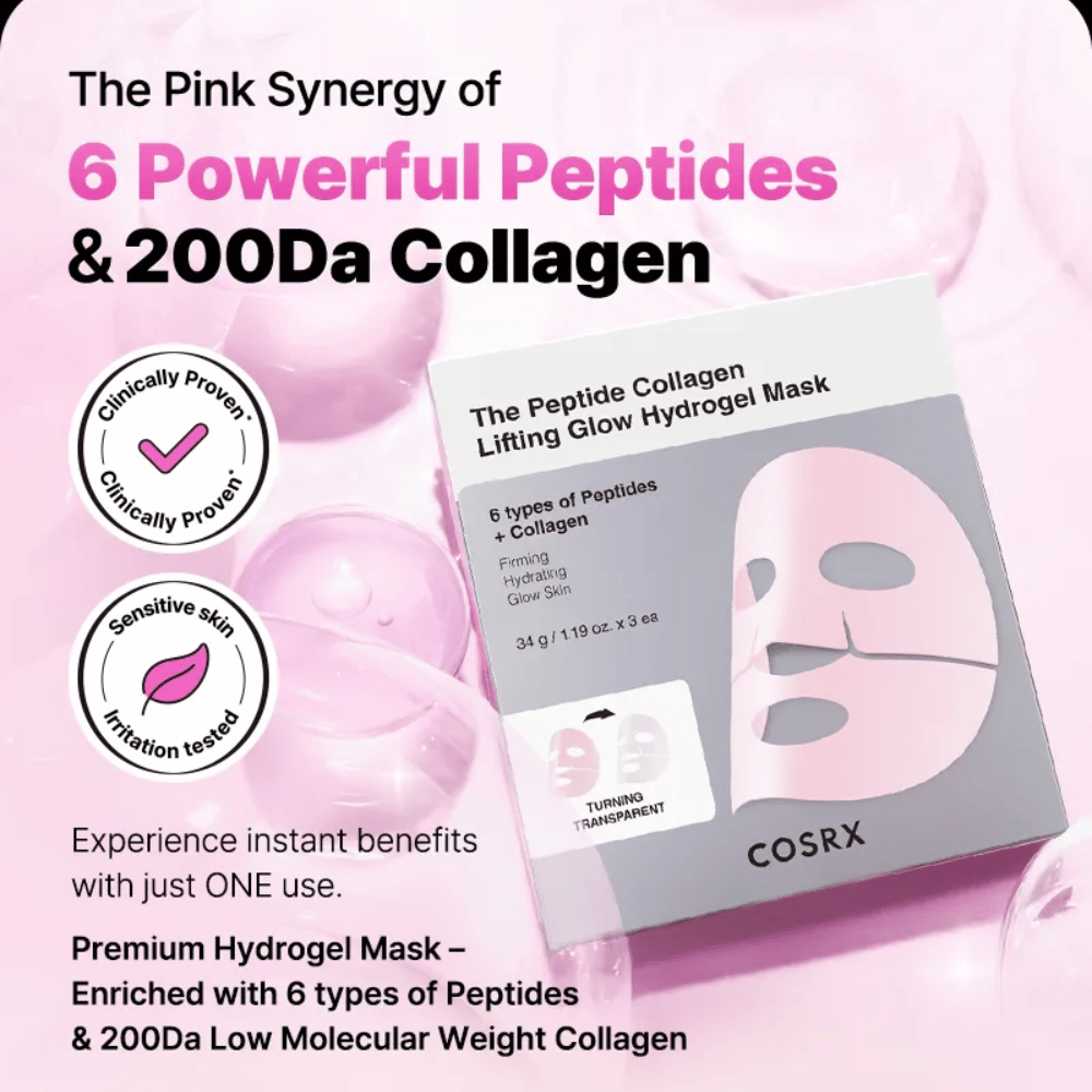 COSRX Peptide Collagen Mask – εμπλουτισμένη με 6 τύπους πεπτιδίων και κολλαγόνου, κλινικά ελεγμένη για ευαίσθητο δέρμα.