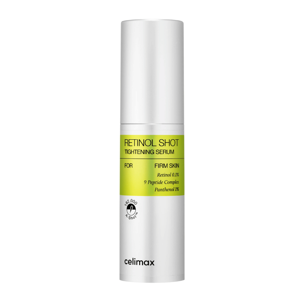 Celimax The Vita-A Retinol Shot Tightening Serum σε ασημί αντλία με ετικέτα σε λαχανί χρώμα και μαύρο κείμενο.