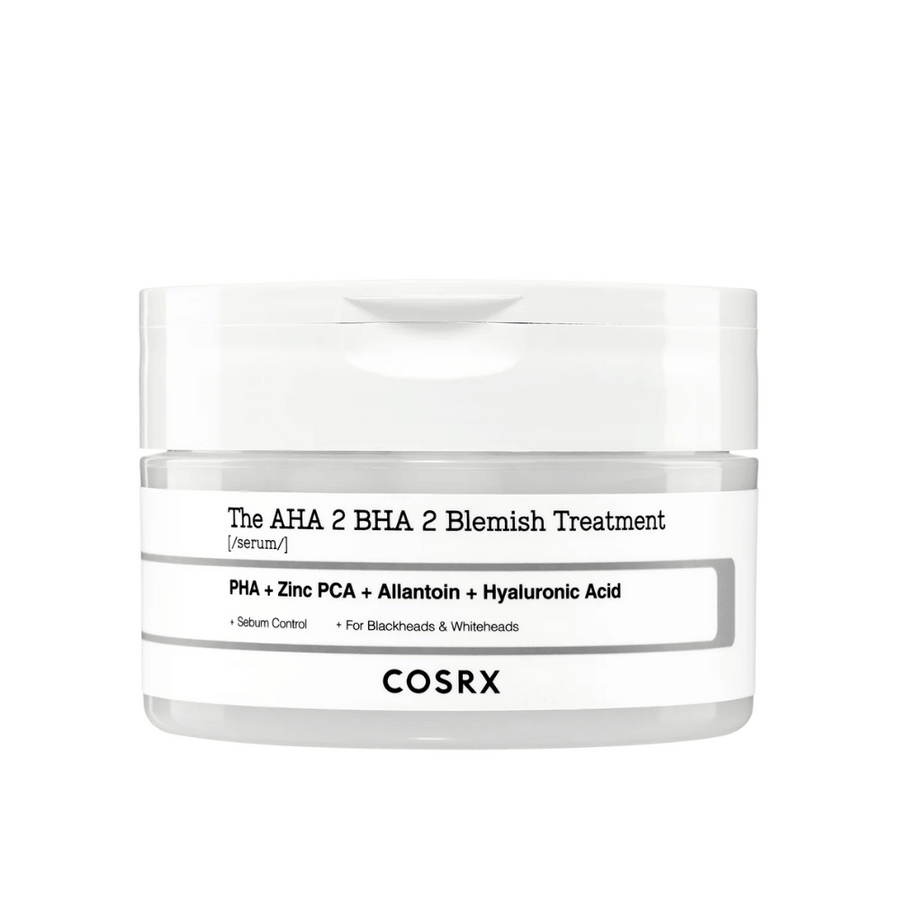 COSRX AHA 2 BHA 2 Blemish Treatment, ett serum med PHA, zink PCA, allantoin och hyaluronsyra. Designad för att kontrollera talgproduktion och motverka pormaskar och vita pormaskar. Perfekt för att förbättra hudens klarhet.