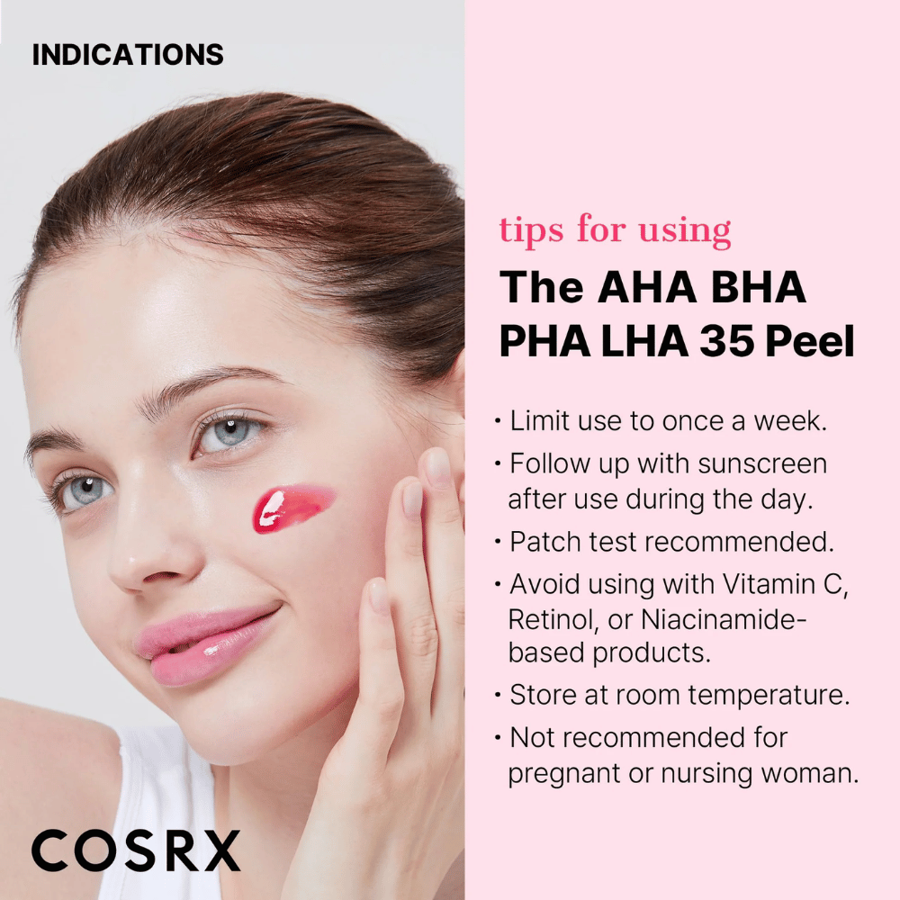 Οδηγίες χρήσης του COSRX AHA BHA PHA LHA 35 Peel:

Χρησιμοποιήστε το μέγιστο μία φορά την εβδομάδα.
Ακολουθήστε με αντηλιακό κατά τη διάρκεια της ημέρας.
Συνιστάται να δοκιμάσετε πρώτα σε μια μικρή περιοχή.
Αποφύγετε τον συνδυασμό με προϊόντα που περιέχουν βιταμίνη C, ρετινόλη ή νιασιναμίδη.
Αποθηκεύστε σε θερμοκρασία δωματίου.
Δεν συνιστάται για εγκύους ή θηλάζουσες γυναίκες.