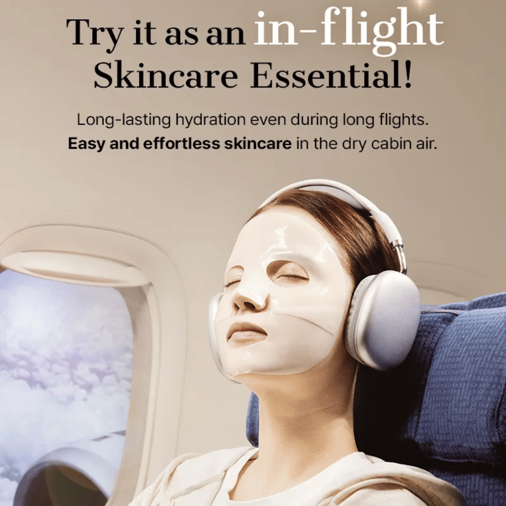 COSRX Alpha-Arbutin Discoloration Care Hydrogel Mask κατά τη διάρκεια πτήσης – ενυδατική μάσκα φύλλου που καταπολεμά το ξηρό δέρμα και προσφέρει ομοιόμορφο τόνο δέρματος ακόμα και σε ξηρό αέρα καμπίνας.