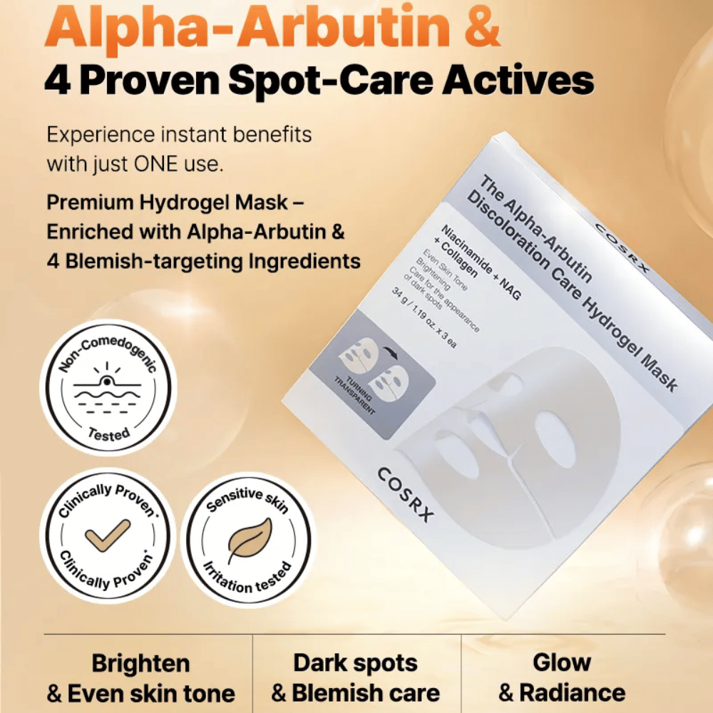COSRX Εικόνα προϊόντος Alpha-Arbutin Discoloration Care Hydrogel Mask – κορεάτικη μάσκα φύλλου για χρωματισμό, λάμψη και εντατική ενυδάτωση.