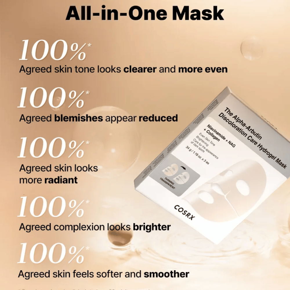 COSRX Alpha-Arbutin Discoloration Care Hydrogel Mask με συσκευασία – μάσκα φύλλου όλα-σε-ένα για λάμψη, ομοιόμορφο τόνο δέρματος και μειωμένο αποχρωματισμό.