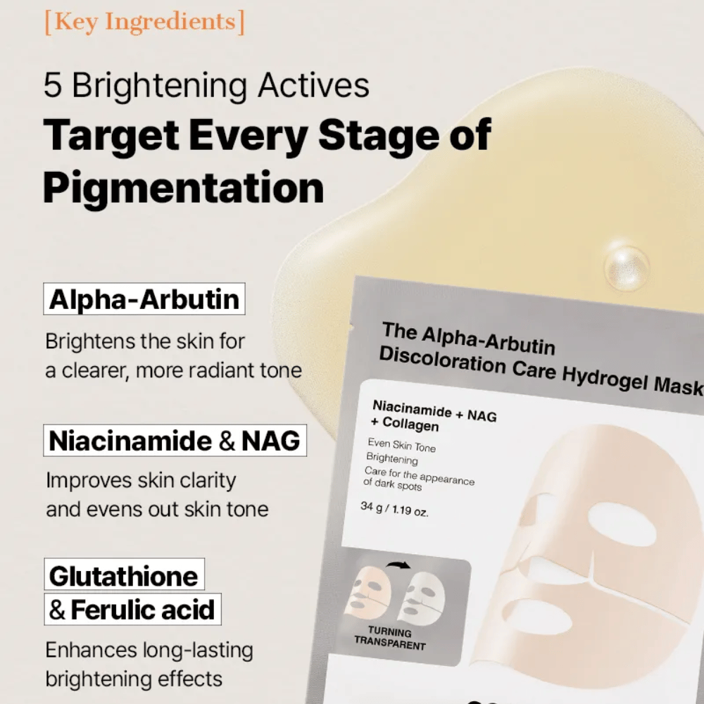 COSRX Alpha-Arbutin Discoloration Care Hydrogel Mask με alpha-arbutin και νιασιναμίδη – μάσκα φύλλου που βοηθά στη μείωση των κηλίδων χρωστικής και στην εξομάλυνση του τόνου του δέρματος.