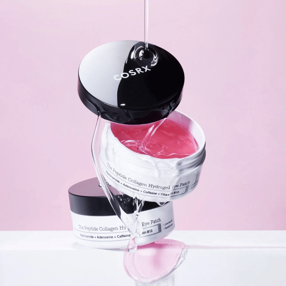 COSRX Peptide Collagen Hydrogel Eye Patch – ροζ γέλη πλούσια σε νιασιναμίδη, αδενοσίνη, καφεΐνη και βιταμίνη B12.